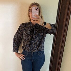 DKNY Navy and Gold Patterned Blouse